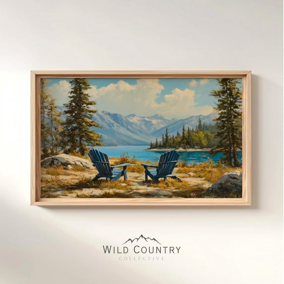 PosterArt Lake View Poster Adirondack Chairs Print Vintage Mountain Landscape Cabin Wall Art Rustic Nature Decor, 24x36 UNFRAMED