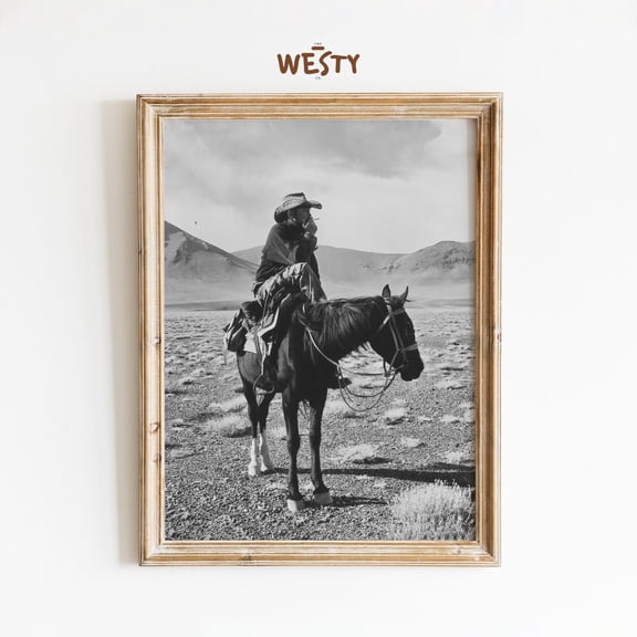 PosterArt Lone Cowboy on Horseback Western Poster Photography Print Black and White Desert Art, Size 8x12 UNFFRAMED