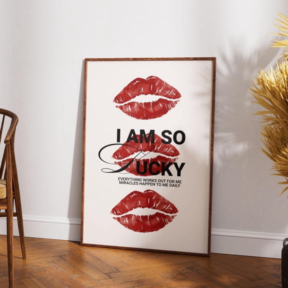 PosterArt Lucky Lips Poster, Kiss Print Wall Art, Girly Dorm Room Decor, 12x18 UNFRAMED