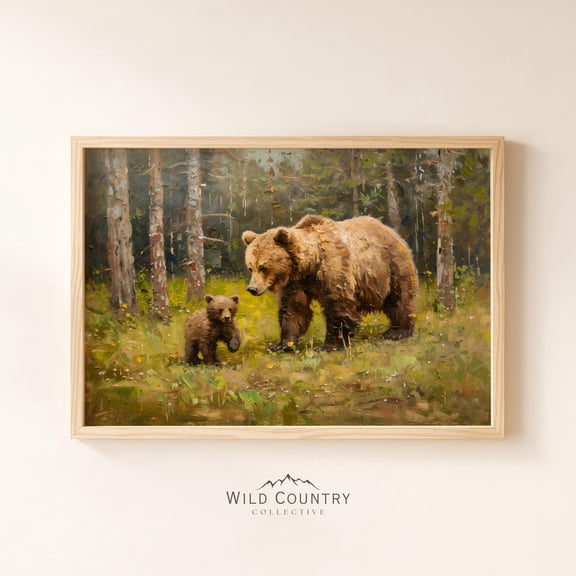 PosterArt Mama Bear and Cub Poster Woodland Nursery Wall Art Vintage Animal Print New Baby or Mom Gift Decor, 12x18 UNFRAMED