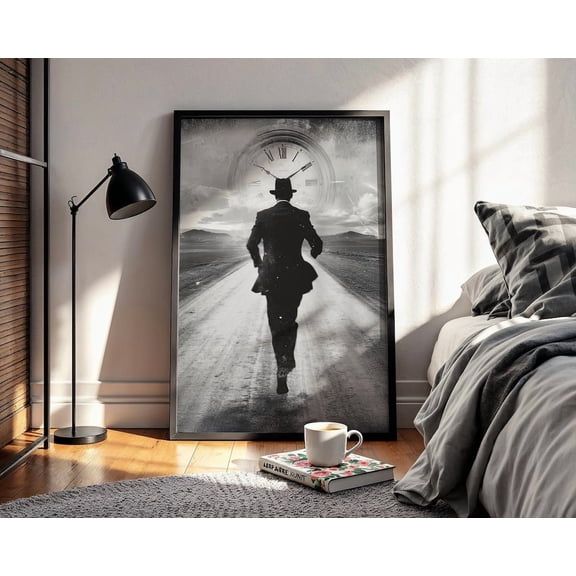 PosterArt Man Vs Time Poster Wall Art, Surreal Clock And Fedora Illustration For Abstract Modern Decor, 8x12 UNFRAMED