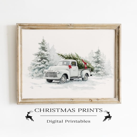 PosterArt Minimal Pickup Truck Poster Wall Art, White Vehicle With Tree And Bows Illustration For Winter Decor, 16x24 UNFRAMED