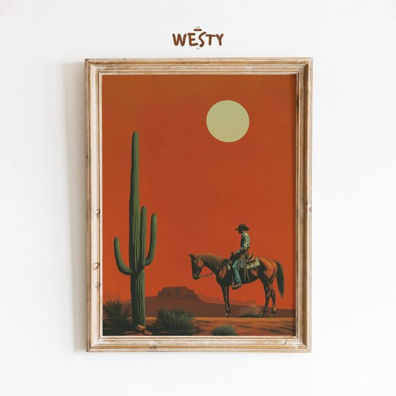 PosterArt Minimalist Cowboy Desert Poster Western Horse Rider Print Southwestern Sunset Wall Art, Size 16x24 UNFFRAMED