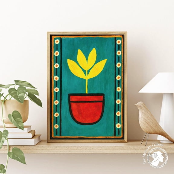PosterArt Minimalist Plant Poster, Bold Yellow Leaves in Red Pot Art Print, Modern Graphic Wall Decoration, 12x18 UNFRAMED