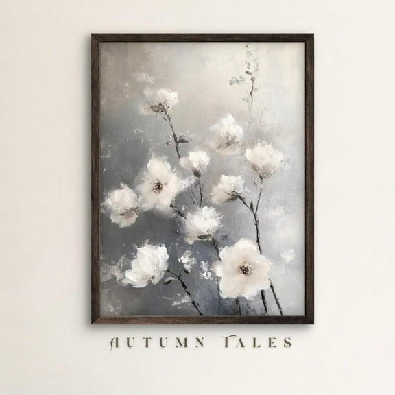 PosterArt Minimalist White Flowers Poster Wall Art Abstract Floral Print Muted Gray Tones Modern Spring Decor, 8x12 UNFRAMED