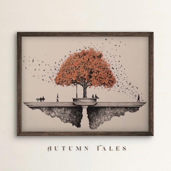 PosterArt Modern Surreal Fall Poster, Park in Autumn Printable, Contemporary Minimalist Tree Wall Art Decor, 24x36 UNFRAMED