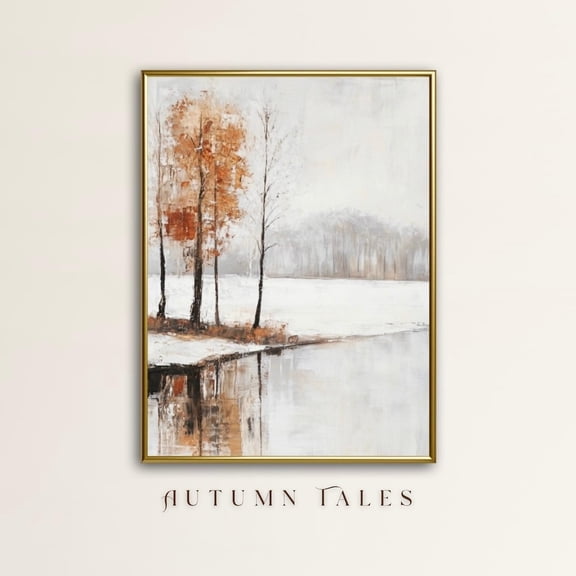 PosterArt Moody Abstract Winter Poster Wall Art Forest Lakeside Landscape Print Warm Tone Fall Winter Farmhouse Decor, 8x12 UNFRAMED