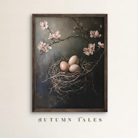 PosterArt Moody Bird Nest and Pink Almond Flowers Poster, Dreamy Spring Printable, Three Eggs on Tree Branch Home Decor, 12x18 UNFRAMED