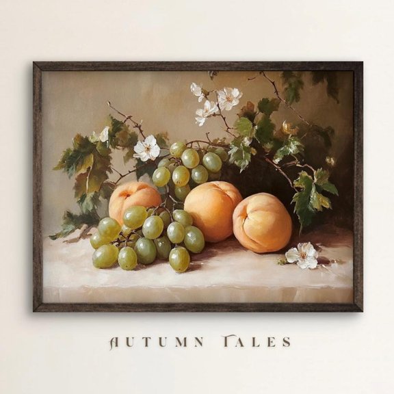 PosterArt Moody Fruit Still Life Poster, Peaches and Grapes Printable, Vintage Farmhouse Kitchen Wall Art Decor, 16x24 UNFRAMED