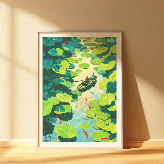 PosterArt Nature Wall Art Print Japanese-Inspired Koi Pond Poster Monet Style Landscape Calm Bedroom Decor, Size 8x12 UNFFRAMED