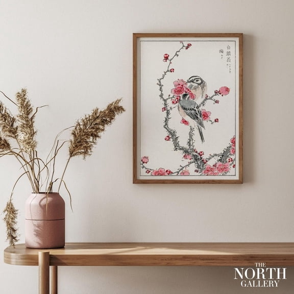 PosterArt Numata Kashu Poster Art Print, Pine Bunting and Plum Tree, Vintage Bird and Flower Art, Bedroom Decor, Japanese Housewarming Wall Art, Asian Art, Size 8x12 UNFFRAMED