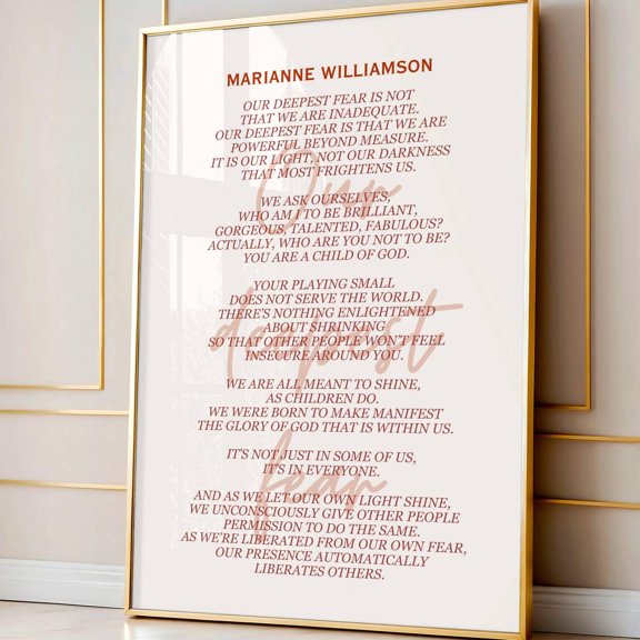 PosterArt Our Deepest Fear Poetry Print, Marianne Williamson Poster, Child of God Minimalist Inspirational Wall Art, Size 12x18 UNFFRAMED