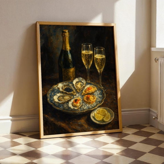 PosterArt Oyster And Champagne Poster Wall Art, French Bistro Still Life Illustration For Kitchen Decor, 12x18 UNFRAMED