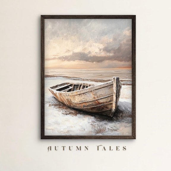 PosterArt Rustic Boat Poster Wall Art Vintage Coastal Print Snowy Winter Sunset Calm Ocean Scene Beach Decor, 16x24 UNFRAMED