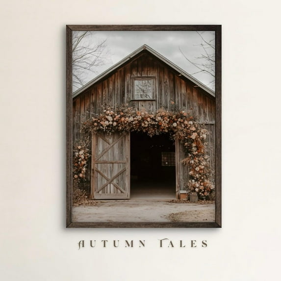 PosterArt Rustic Floral Barn Poster, Vintage Farmhouse Spring Printable, Pink Wildflowers and Roses Wall Art Decor, 12x18 UNFRAMED