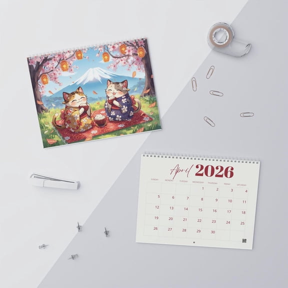 PosterArt Sleepy Kimono Cats Calendar Variant Poster 2026, Kawaii Japanese Cat Monthly Organizer, Reusable Poster Set, 16x24 UNFRAMED