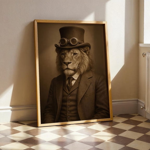 PosterArt Steampunk Lion Poster, Vintage Animal Gentleman Wall Art, Anthropomorphic Sepia Poster, 12x18 UNFRAMED