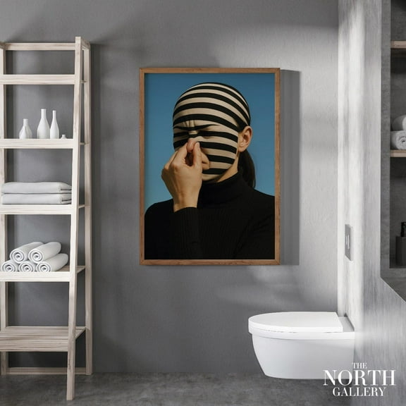 PosterArt Surreal Striped Face Art Print Fun Optical Illusion Poster for Bathroom or Modern Wall Decor Unique Bold Graphic Gift, Size 8x12 UNFFRAMED