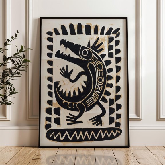 PosterArt Traditional Mexican Crocodile Poster, Black and Gold Folk Art Print, Geometric Abstract Wall Art, 8x12 UNFRAMED
