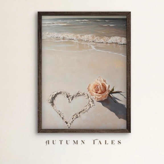 PosterArt Valentine Beach Heart Poster Wall Art Romantic Coastal Print Pink Rose on Sand Calm Waves Decor, 8x12 UNFRAMED