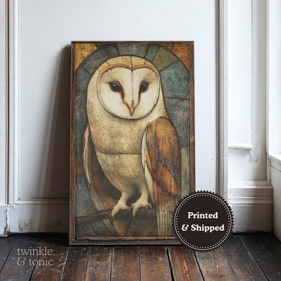 PosterArt Vintage Barn Owl Art Print Dark Academia Wall Décor Moody Nature Poster Neutral Gothic Bird Wildlife Theme, 8x12 UNFRAMED