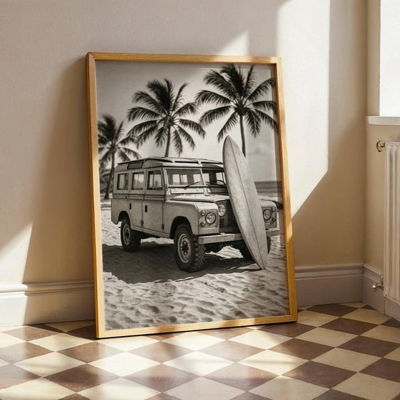 PosterArt Vintage Car Surf Poster, Retro Beach Wall Art, Black and White Coastal Print, Surfboard Adventure Photography, 12x18 UNFRAMED