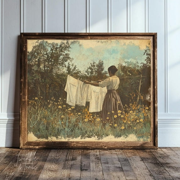 PosterArt Vintage Clothesline Art Print Moody Cottagecore Wall Décor Rustic Farmhouse Laundry Room Poster Wildflower Design, 16x24 UNFRAMED