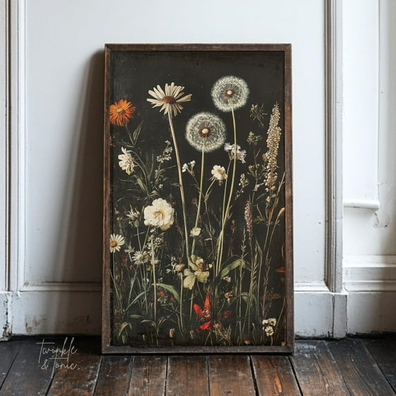 PosterArt Vintage Dandelion Art Print Rustic Wildflower Wall Décor Dark Academia Antique Landscape Poster, 8x12 UNFRAMED