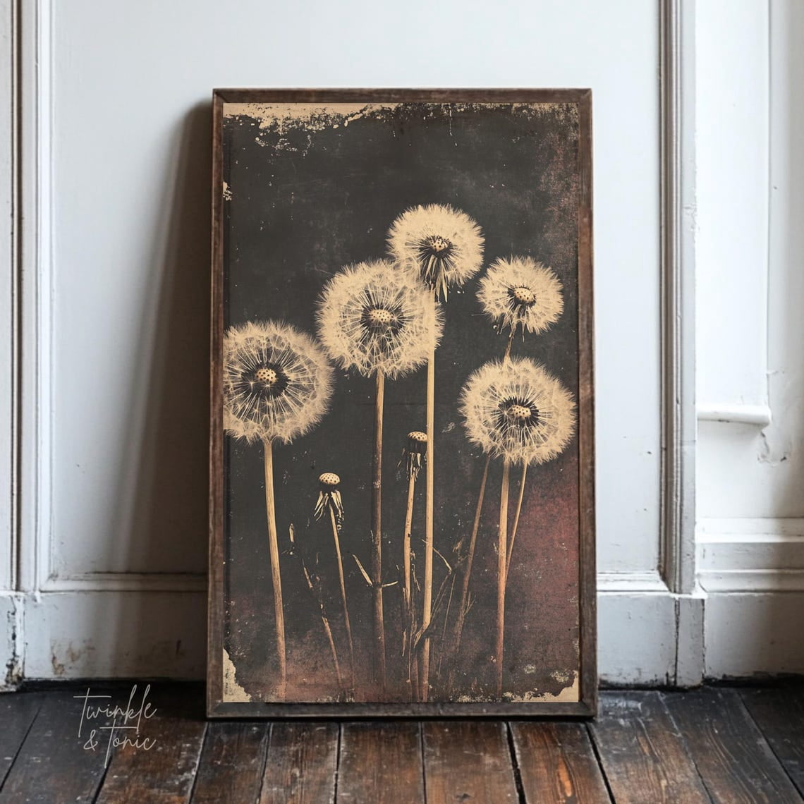 PosterArt Vintage Dandelion Art Print Rustic Wildflower Wall Décor Dark ...
