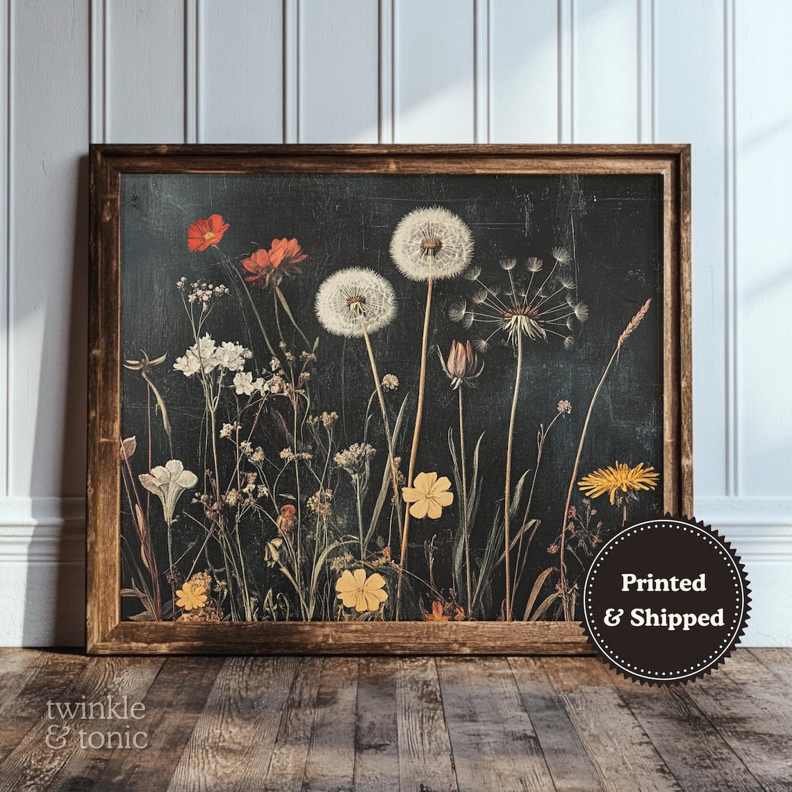 PosterArt Vintage Dandelion Art Print Rustic Wildflower Wall Décor Dark ...
