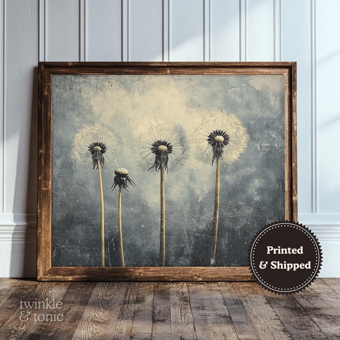 PosterArt Vintage Dandelion Art Print Rustic Wildflower Wall Décor Dark ...