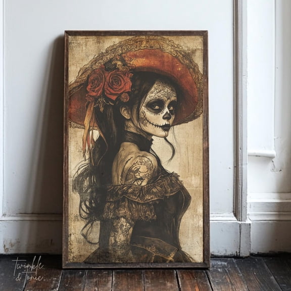 PosterArt Vintage Dia de Los Muertos Art Print Mexican Folk Wall Décor Dark Academia Poster Antique Moody Celebration, 8x12 UNFRAMED
