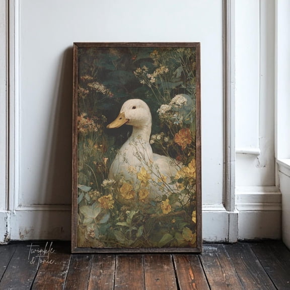 PosterArt Vintage Duck Art Print Moody Wildflower Wall Décor Dark Academia Poster Rustic Farm Animal Theme, 12x18 UNFRAMED