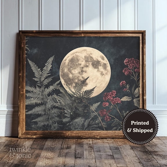 PosterArt Vintage Full Moon Art Print Celestial Wall Décor Dark Academia Poster Rustic Cosmic Botanical Design, 8x12 UNFRAMED