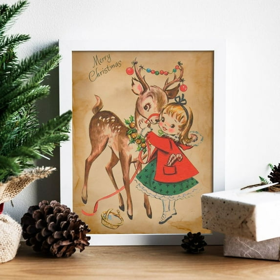 PosterArt Vintage Girl and Deer Poster, Nostalgic Winter Holiday Illustration, Classic Rustic Festive Wall Art, 24x36 UNFRAMED
