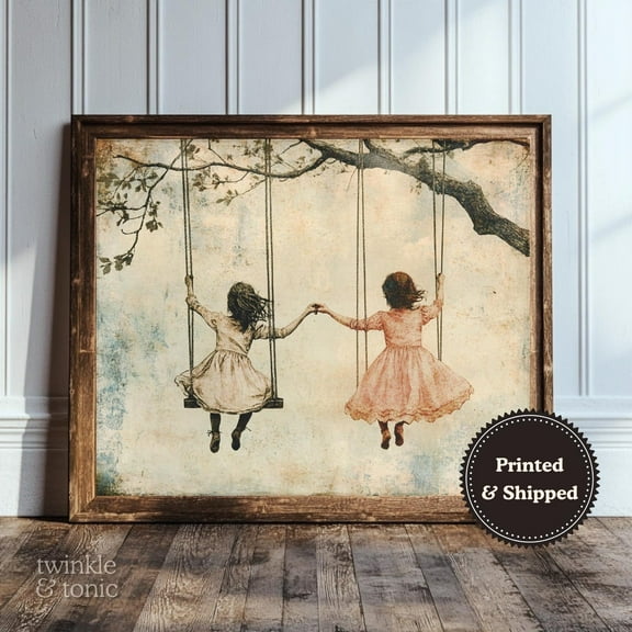 PosterArt Vintage Girls Swinging Art Print Whimsical Nursery Wall Décor Rustic Baby Room Poster Antique Kids Bedroom Scene, 8x12 UNFRAMED
