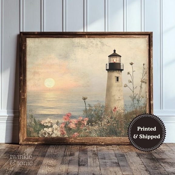 PosterArt Vintage Lighthouse Art Print Rustic Seaside Wall Décor Antique Coastal Poster Moody Lake House Design, 8x12 UNFRAMED