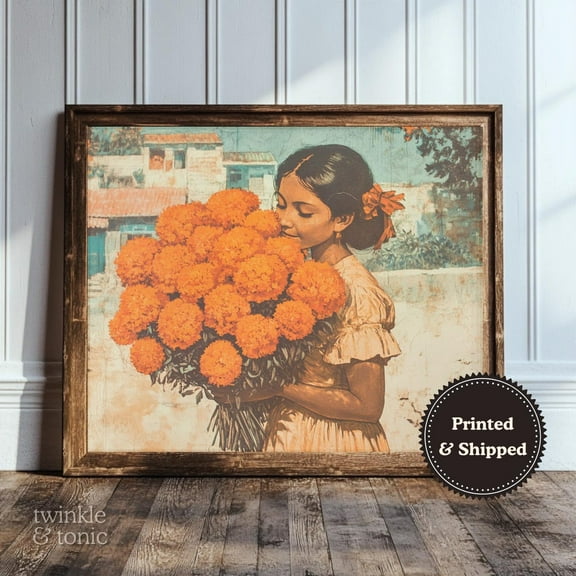 PosterArt Vintage Mexican Art Rustic Southwest Poster Cultural Home Décor Hispanic Floral Marigold Print, 8x12 UNFRAMED