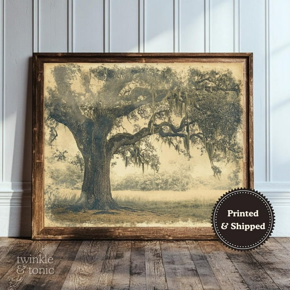 PosterArt Vintage Oak Tree Art Print Rustic Countryside Landscape Wall Décor Antique Southern Poster for Farmhouse Display, 16x24 UNFRAMED