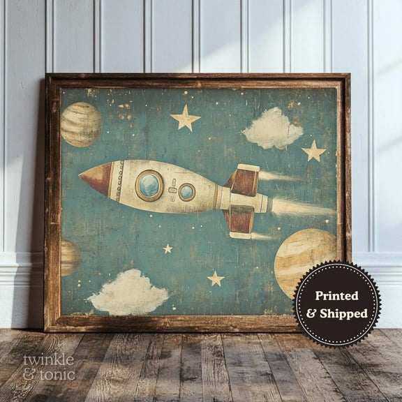 PosterArt Vintage Rocket Ship Art Print Boys Nursery Wall Décor Rustic Baby Room Poster Antique Outer Space Theme, 8x12 UNFRAMED