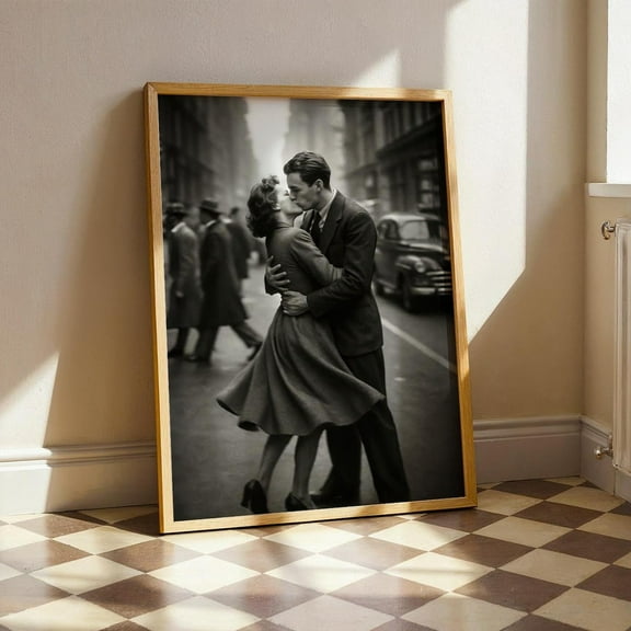PosterArt Vintage Romantic Kiss Poster, Black and White Couple Poster, Timeless Street Photography Wall Decor, Classic Love Artwork, 8x12 UNFRAMED