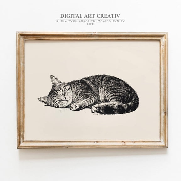 PosterArt Vintage Sleeping Cat Sketch Art Print Minimalist Feline Line Drawing Black and White Wall Décor Vintage Cat Design, 8x12 UNFRAMED