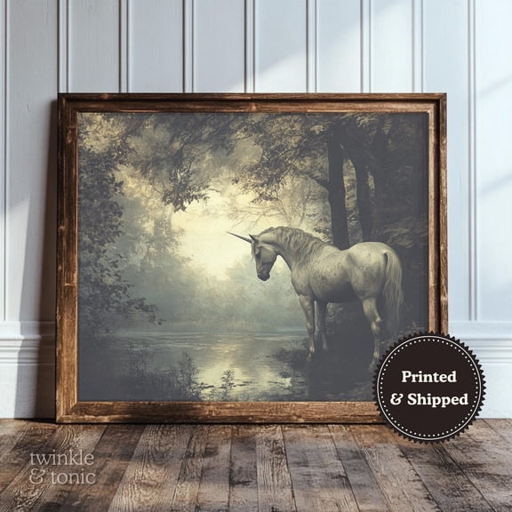 PosterArt Vintage Unicorn Art Print Dark Forest Wall Décor Moody Cottagecore Poster Rustic Fantasy Mythical Artwork, 12x18 UNFRAMED