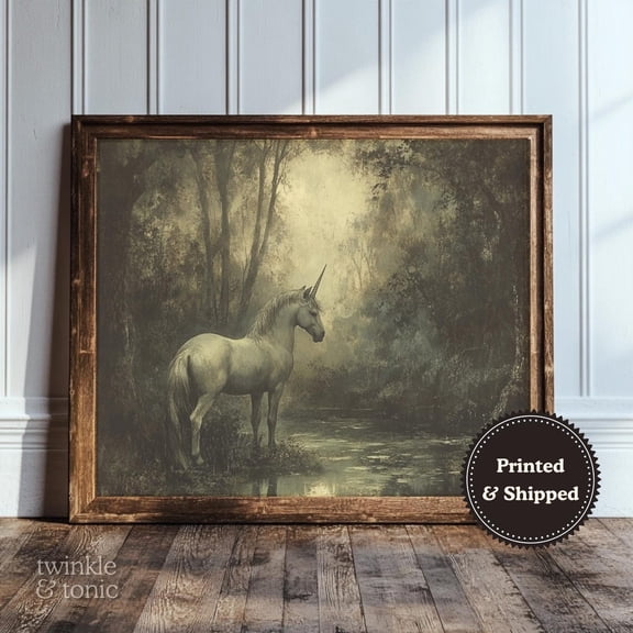 PosterArt Vintage Unicorn Art Print Dark Forest Wall Décor Moody Cottagecore Poster Rustic Fantasy Mythical Artwork, 16x24 UNFRAMED