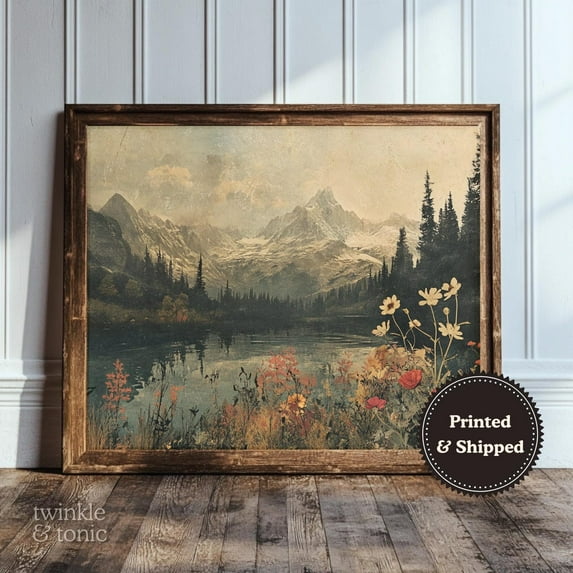 PosterArt Vintage Wildflowers Art Print Mountain Landscape Rustic Farmhouse Décor Daisy Field Floral Poster, 24x36 UNFRAMED