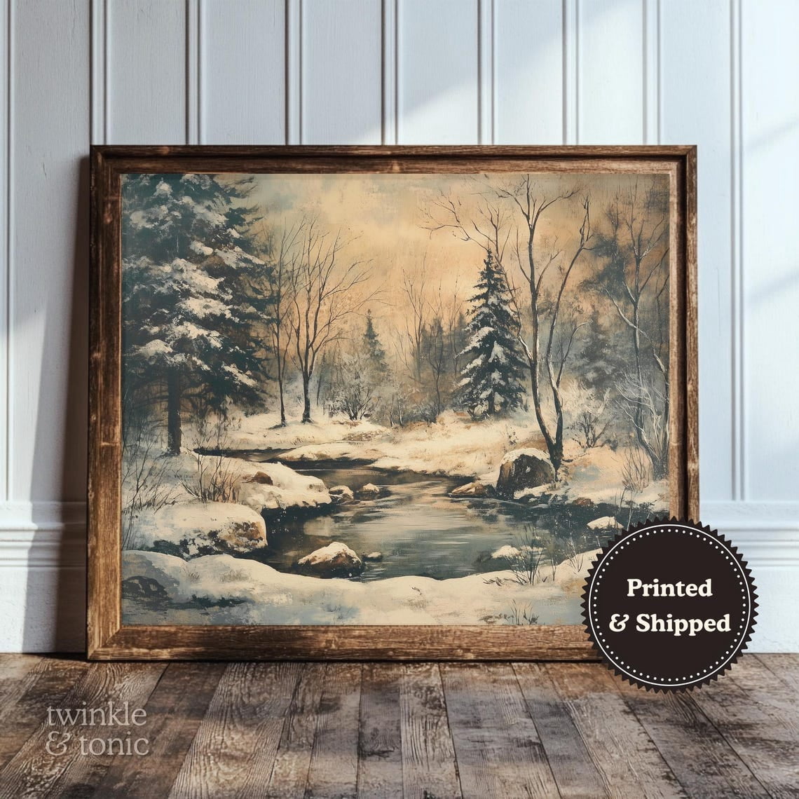 PosterArt Vintage Winter Art Print Snowy Mountain Landscape Rustic ...