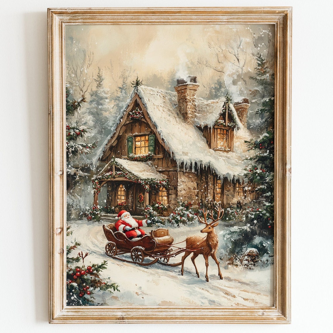 PosterArt Vintage Winter Holiday House Poster, Santa Sleigh Wall Art ...