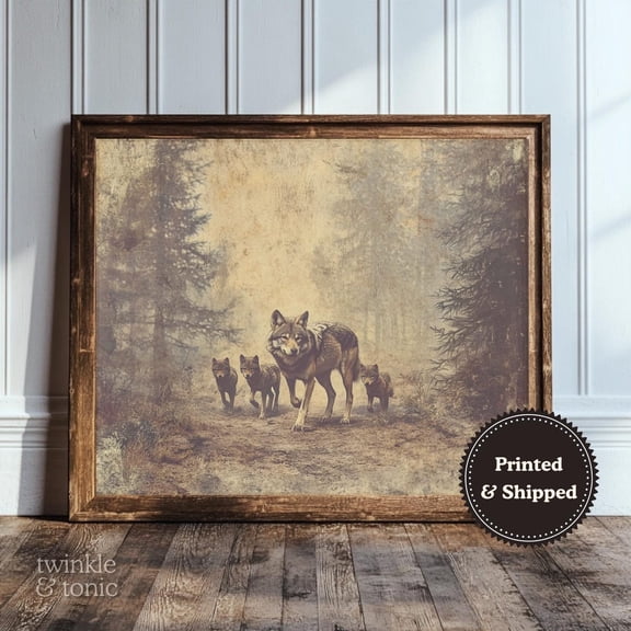 PosterArt Vintage Wolf Art Print Dark Academia Wall Décor Moody Cabin Poster Rustic Farmhouse Woodland Design, 8x12 UNFRAMED