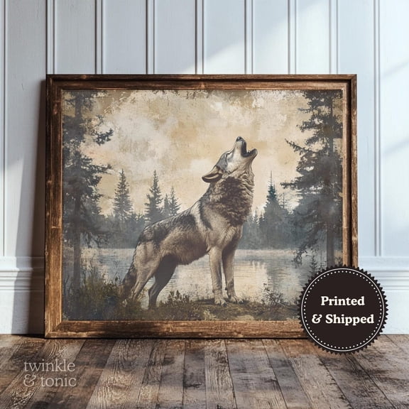 PosterArt Vintage Wolf Art Print Rustic Woodland Wall Décor Dark Academia Cabin Poster Moody Farmhouse Style, 16x24 UNFRAMED