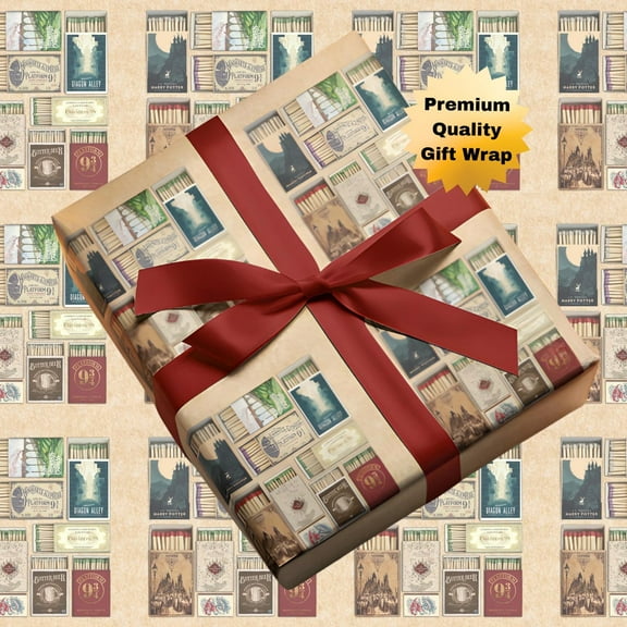 PosterArt Wizard School Matchboxes Wrapping Paper, Magical Bookish Printable Gift Wrap, Fantasy Wizard Travel Art Design, 12x18 UNFRAMED